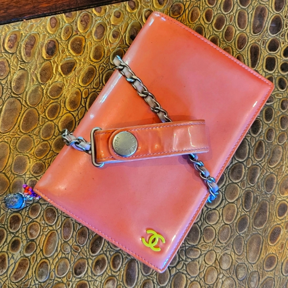 Authentic Chanel Patent Leather Passport Sized Wallet and Chain